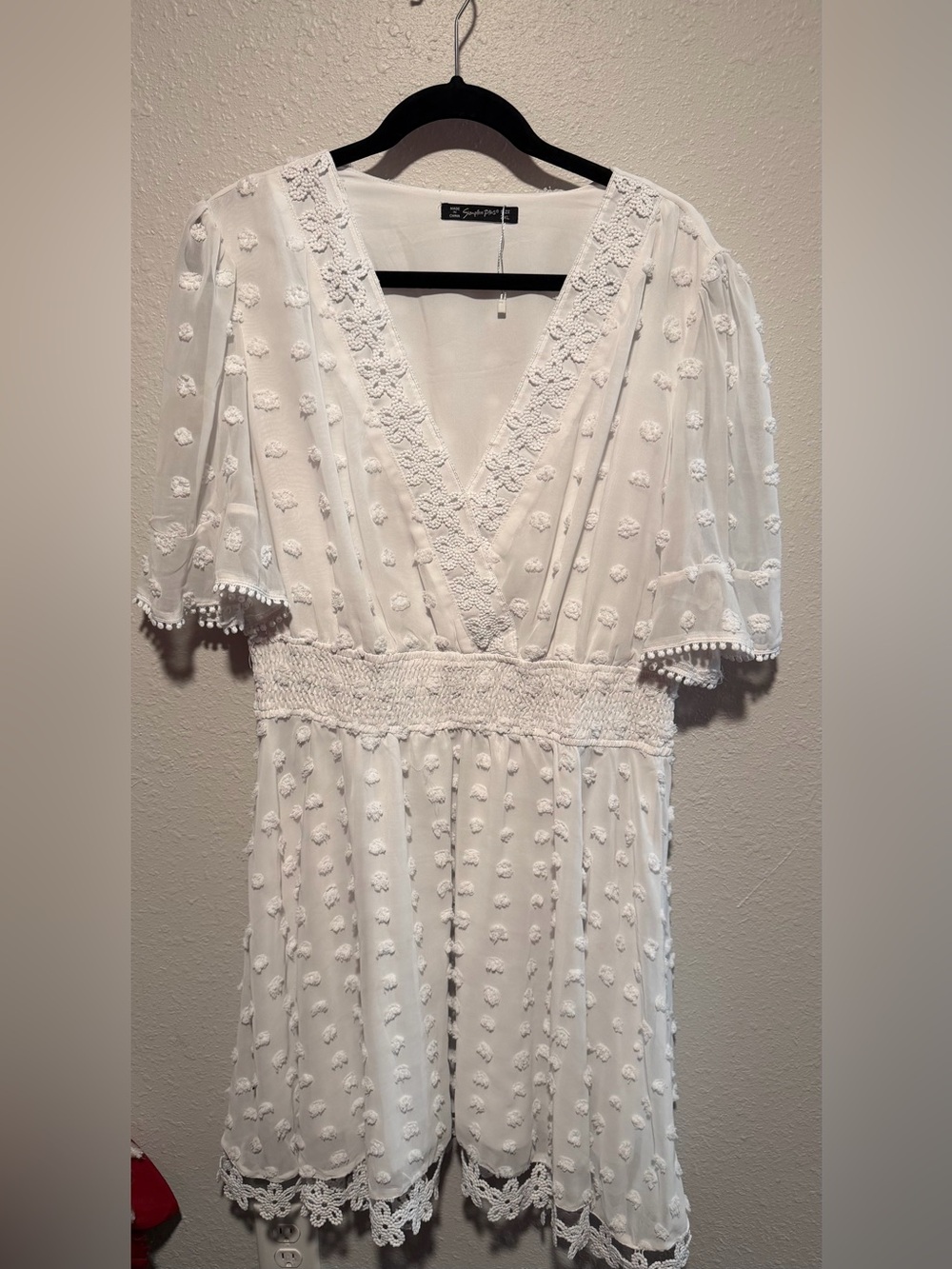 White Pom-Dot V-Neck Midi Dress